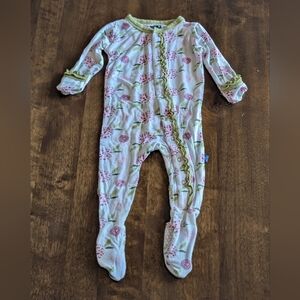 Kickee Pants  Bamboo Pink Floral Footed One-Piece with Green Trim/ 3-6 Months